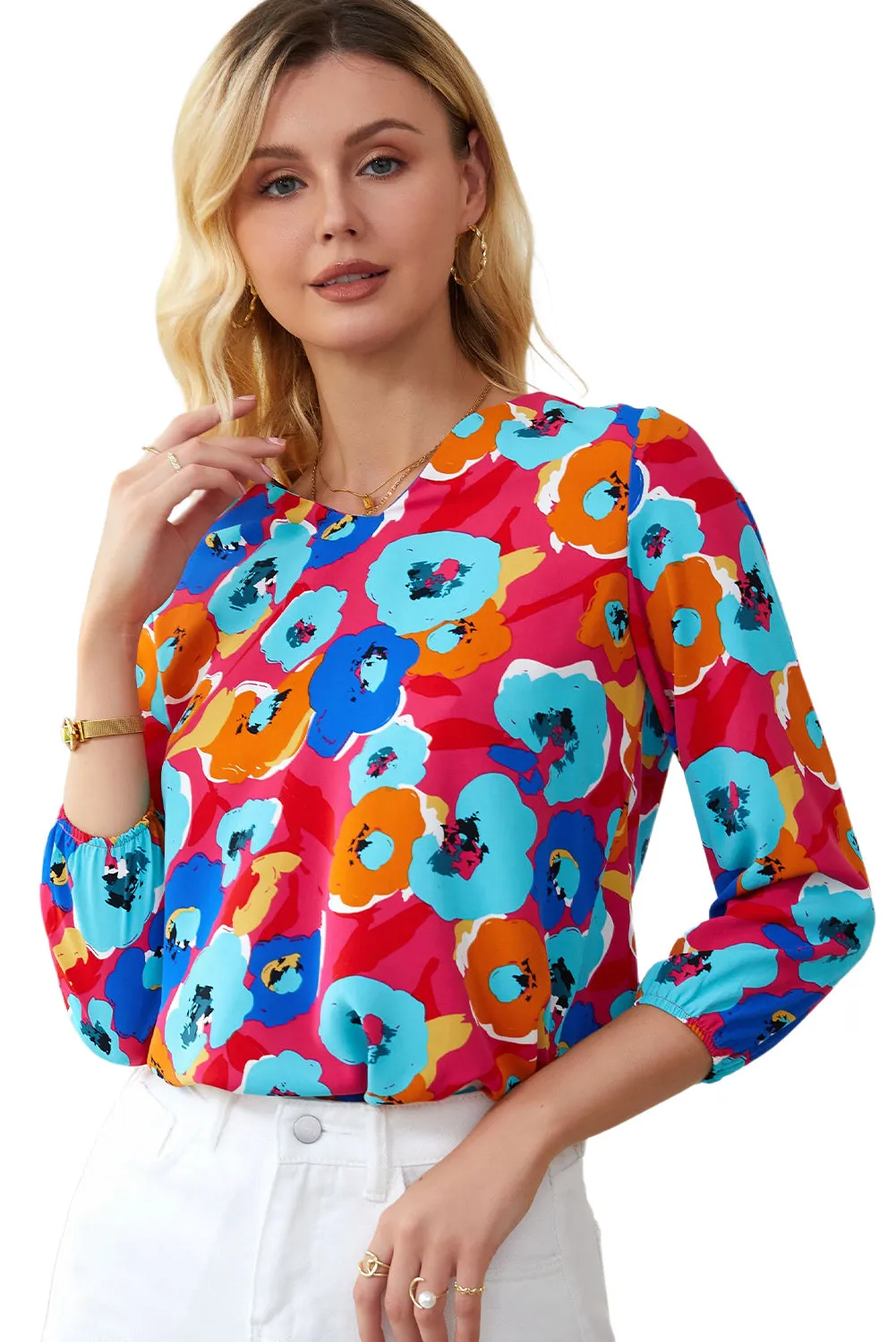 Multicolor Floral Print V Neck 3/4 Sleeve Blouse