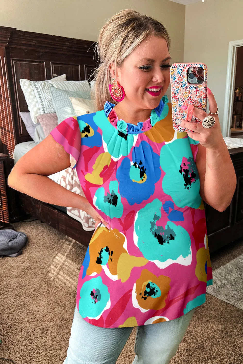 Multicolor Floral Print V Neck 3/4 Sleeve Blouse