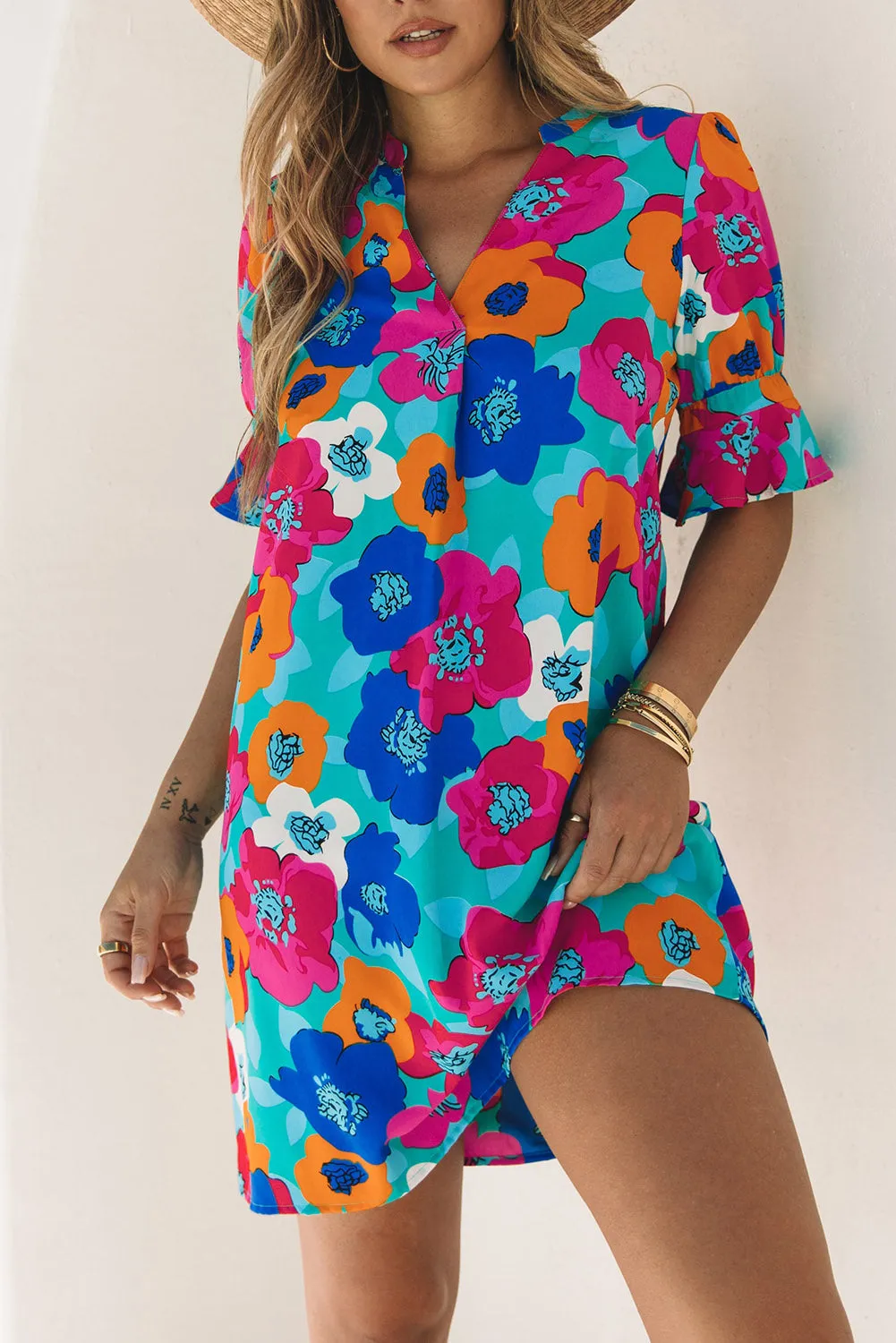 Multicolor Floral Print V Neck 3/4 Sleeve Blouse