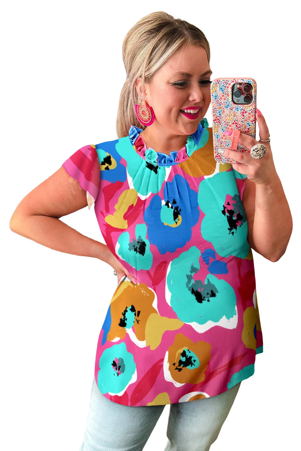 Multicolor Floral Print V Neck 3/4 Sleeve Blouse