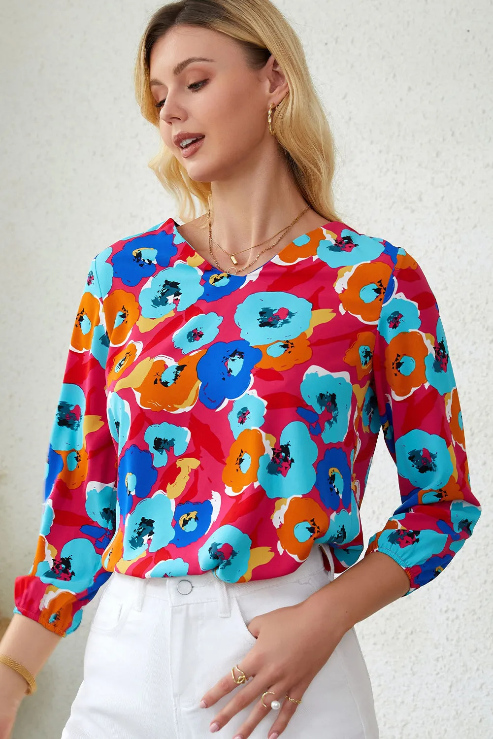 Multicolor Floral Print V Neck 3/4 Sleeve Blouse