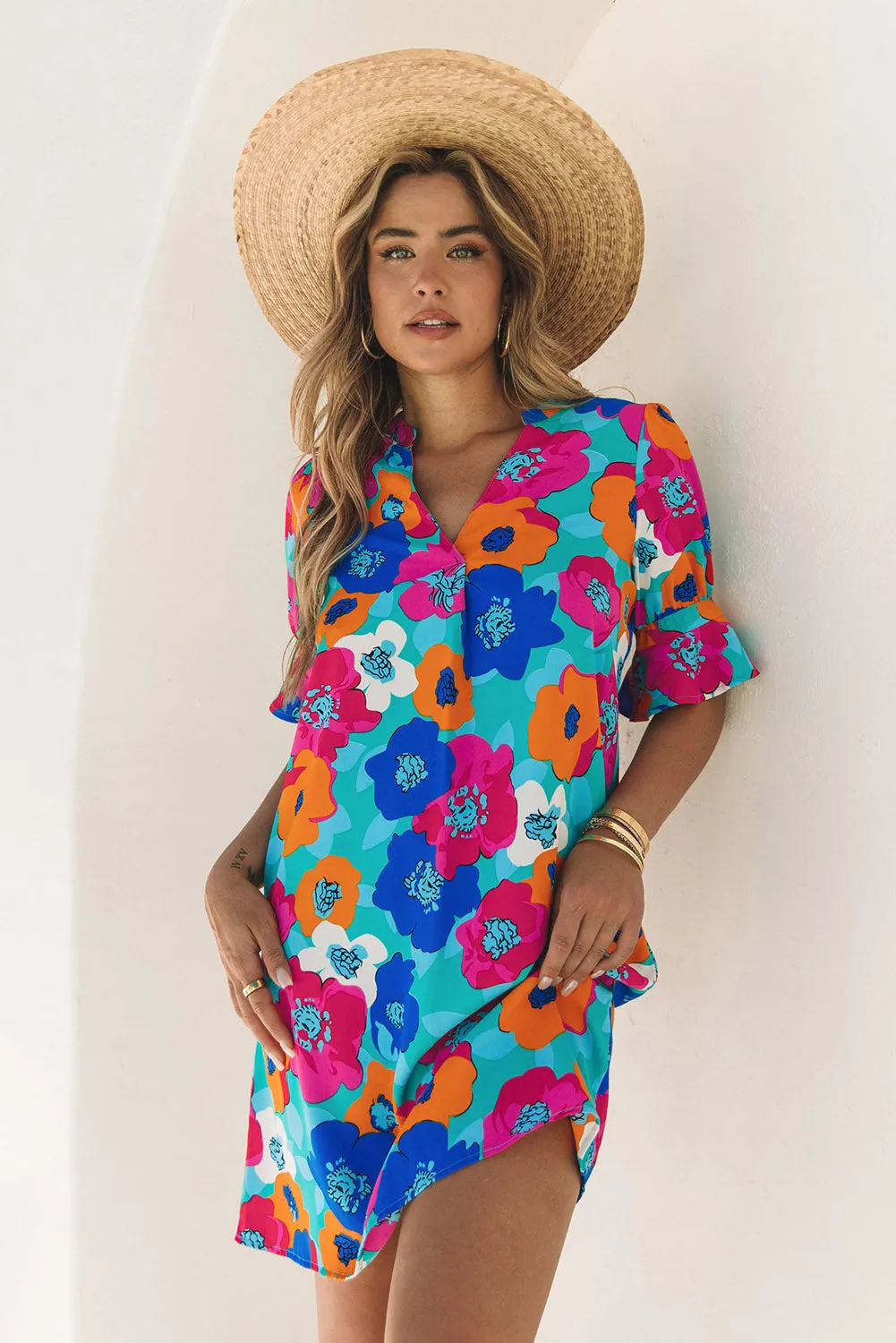 Multicolor Floral Print V Neck 3/4 Sleeve Blouse