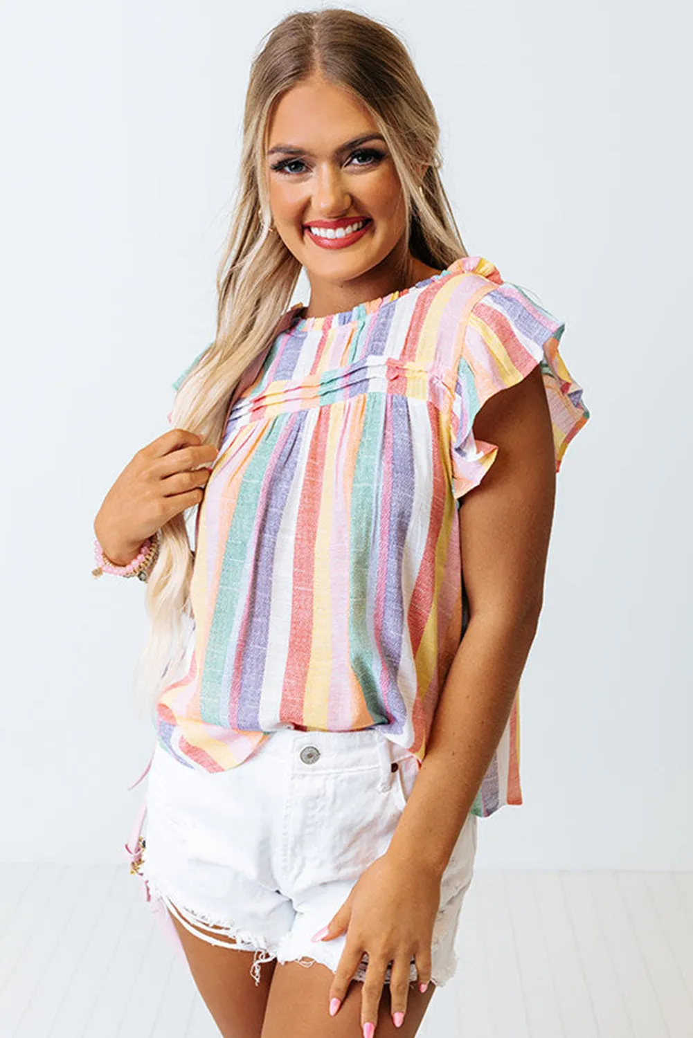 Multicolor Striped Color Block Ruffled O-neck Sleeveless Top