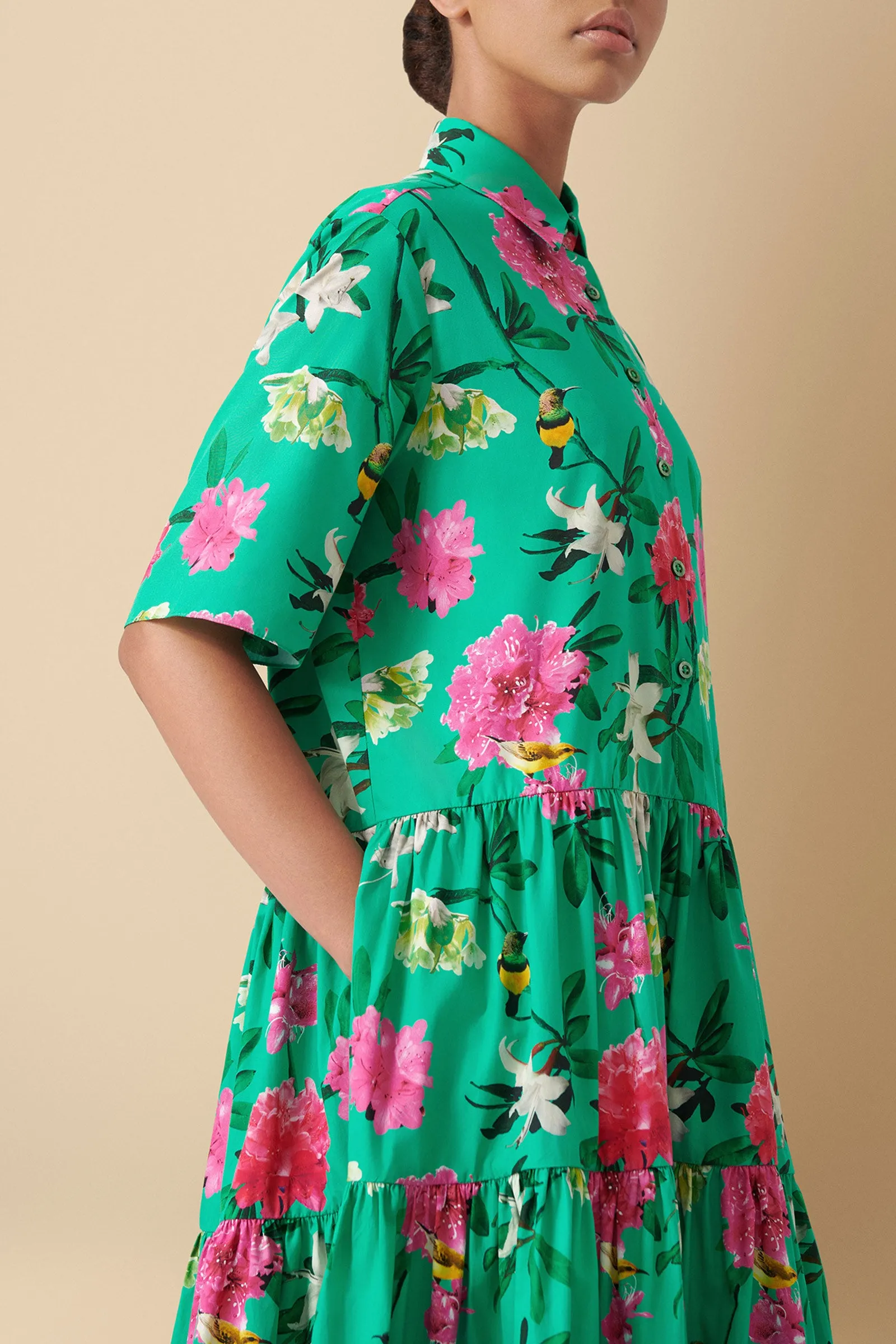 Nandi Floral-Print Tiered Midi Dress in Cotton Poplin