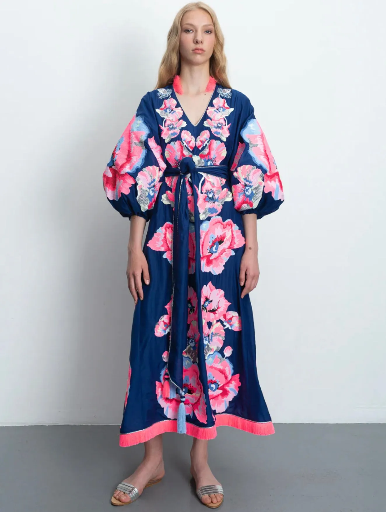 Navy blue embroidered dress with peonies