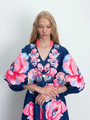 Navy blue embroidered dress with peonies