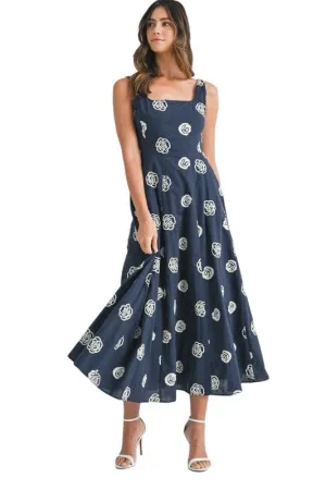 Navy square neck midi dress with white embroidered flowers