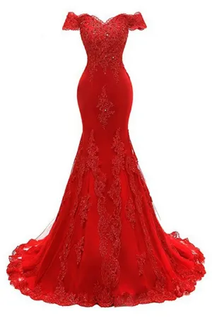 Off The Shoulder Embroidered Floral And Beads In Lace Mermaid Evening Gown Prom Dresses