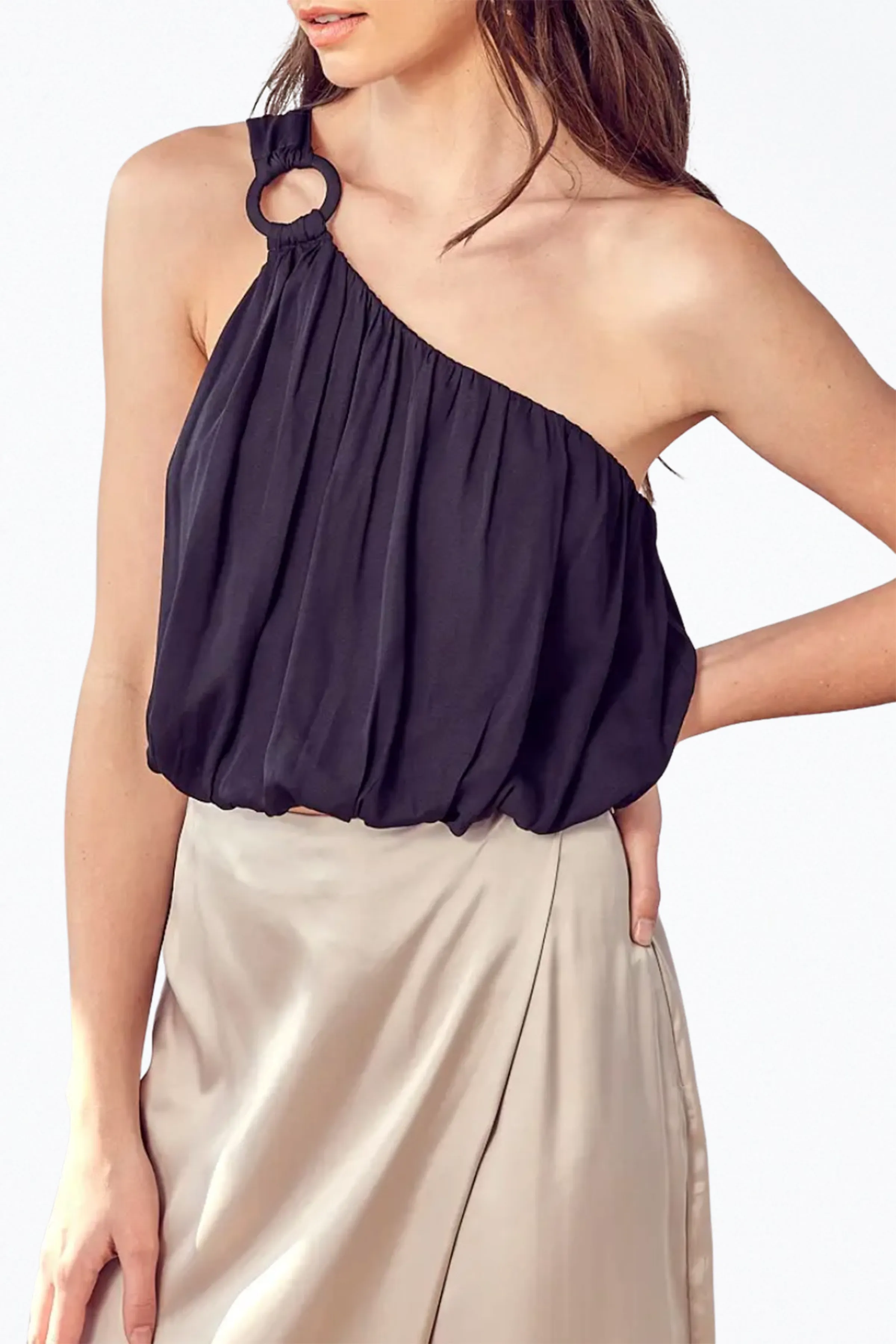 ONE-SHOULDER DRAPED SATIN TOP