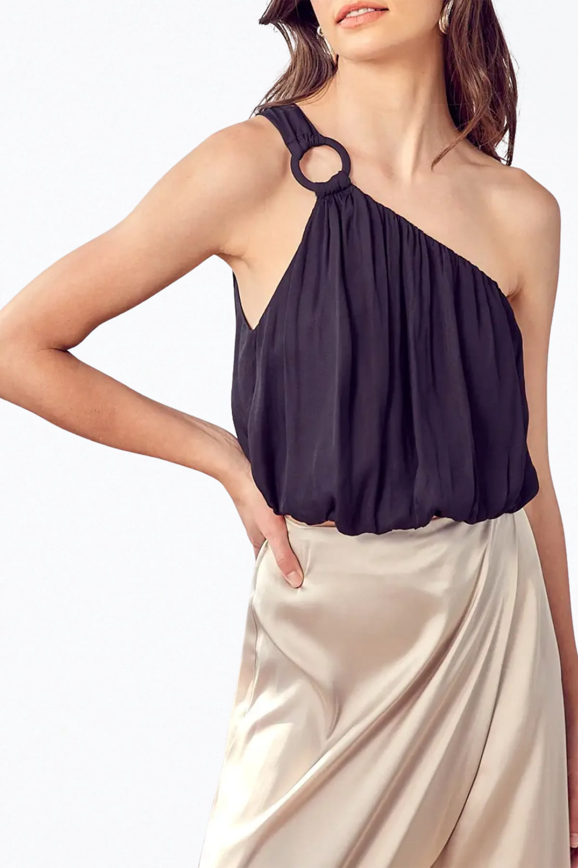 ONE-SHOULDER DRAPED SATIN TOP