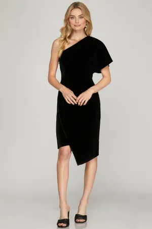 ONE SHOULDER VELVET DRESS WITH WRAP SKIRT