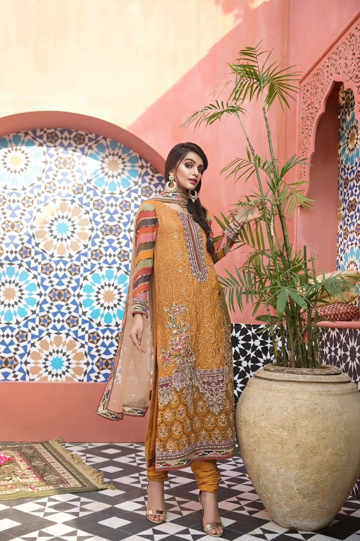 Pakistani Chiffon Embroidered Suit in Gold color #PS18