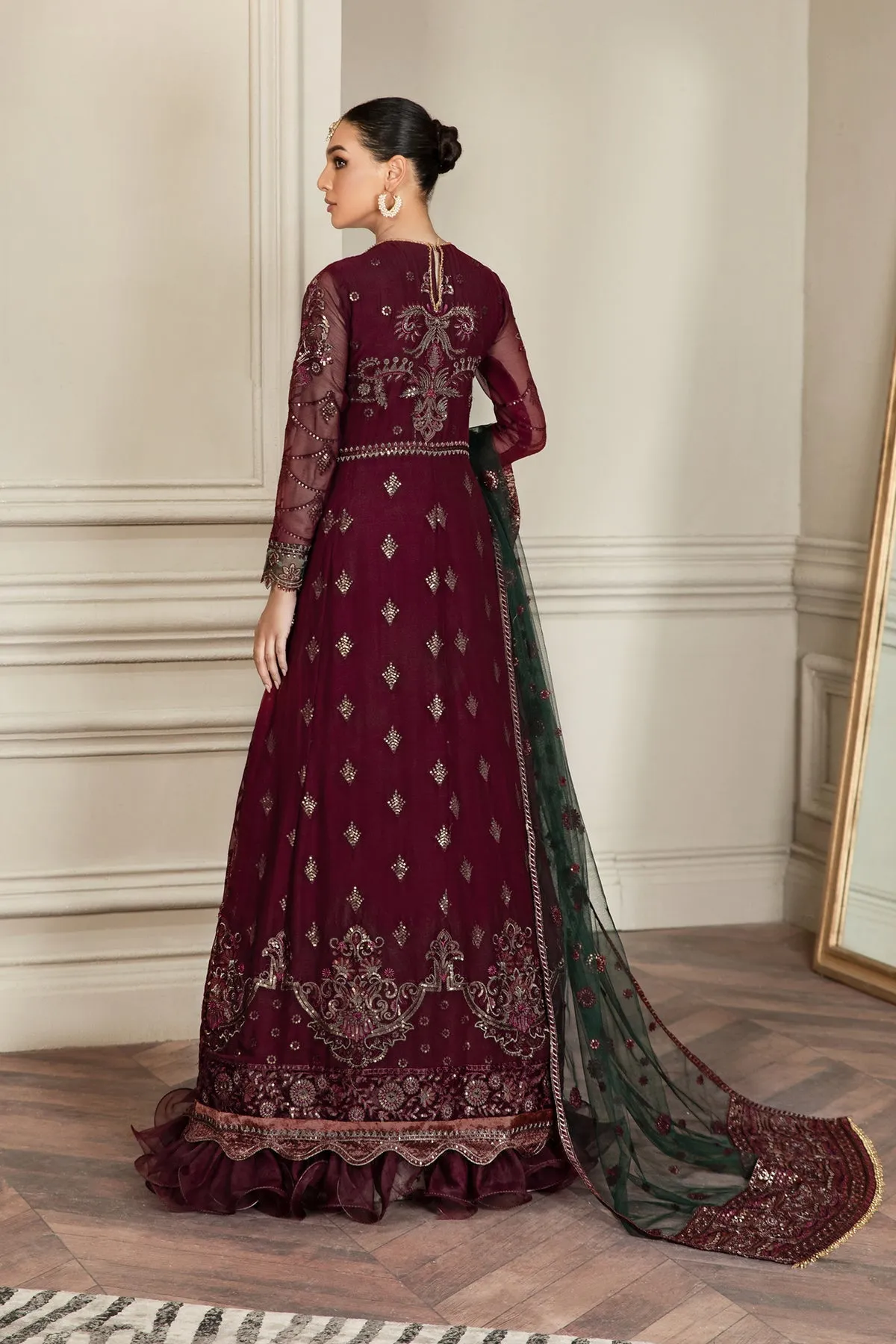 Pakistani Embroidered Long Frock in Maroon Color With Dupatta
