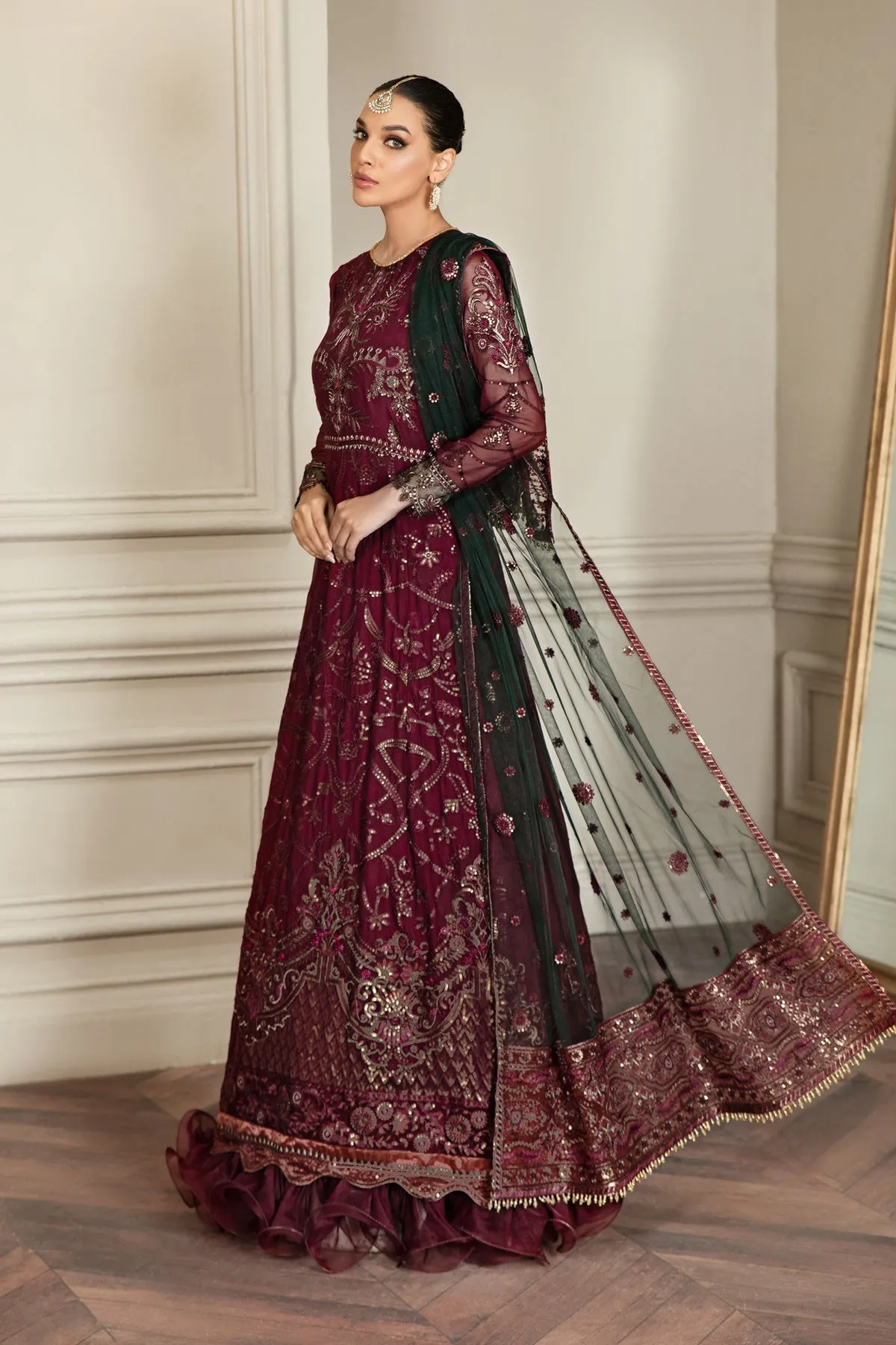 Pakistani Embroidered Long Frock in Maroon Color With Dupatta