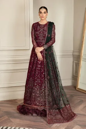 Pakistani Embroidered Long Frock in Maroon Color With Dupatta