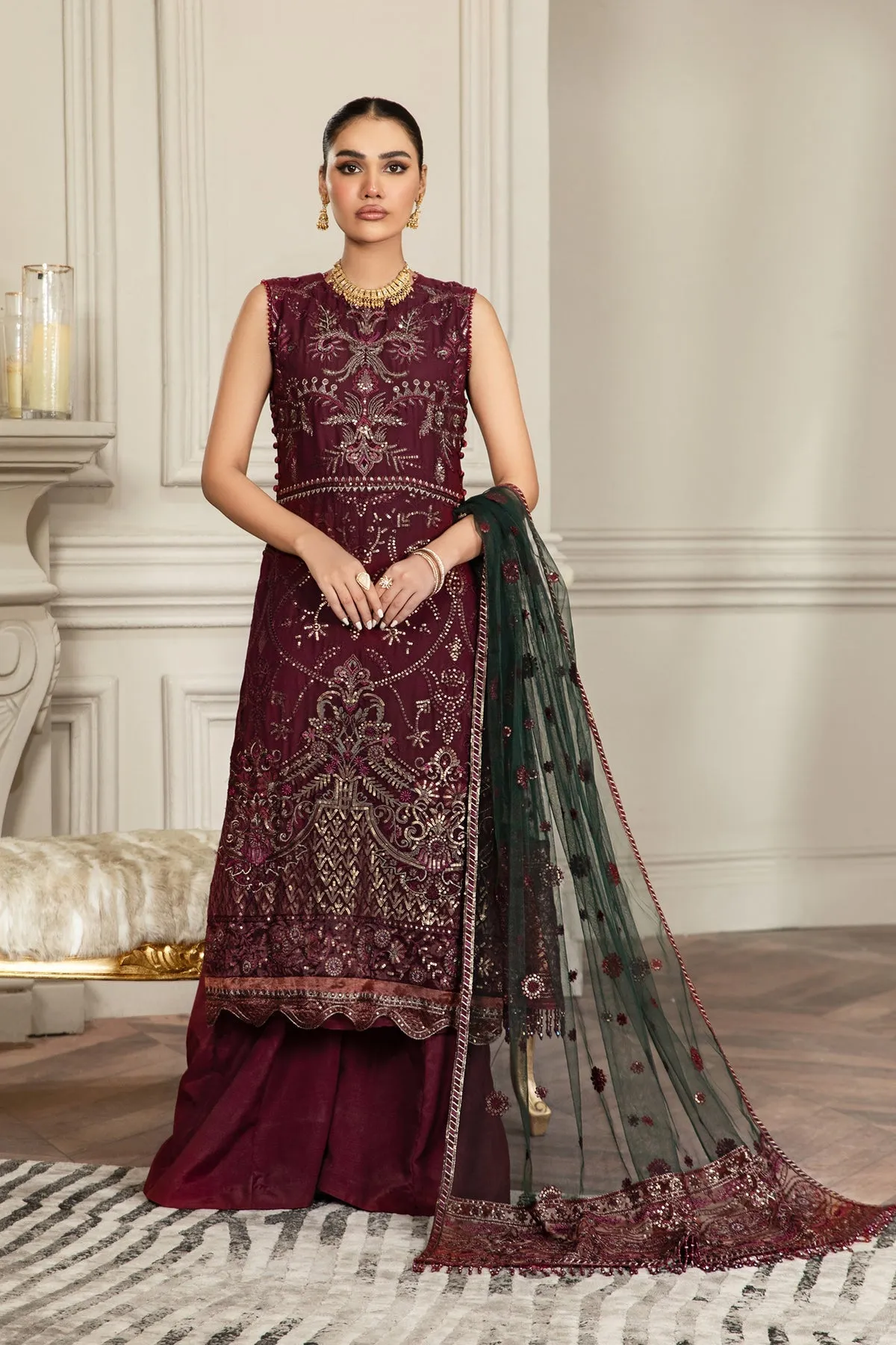 Pakistani Embroidered Long Frock in Maroon Color With Dupatta
