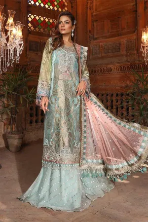Pakistani fancy party dress in powder blue and coral color # P2251