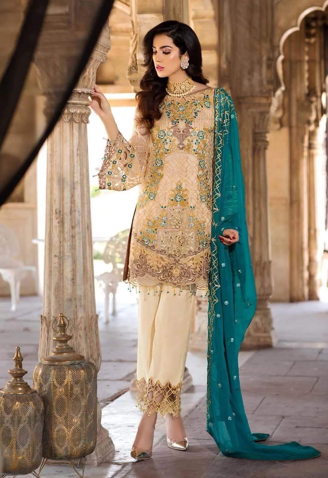 Pakistani Gold cream with bottle green Colour Chiffon Festive Wear 2019 # C1942