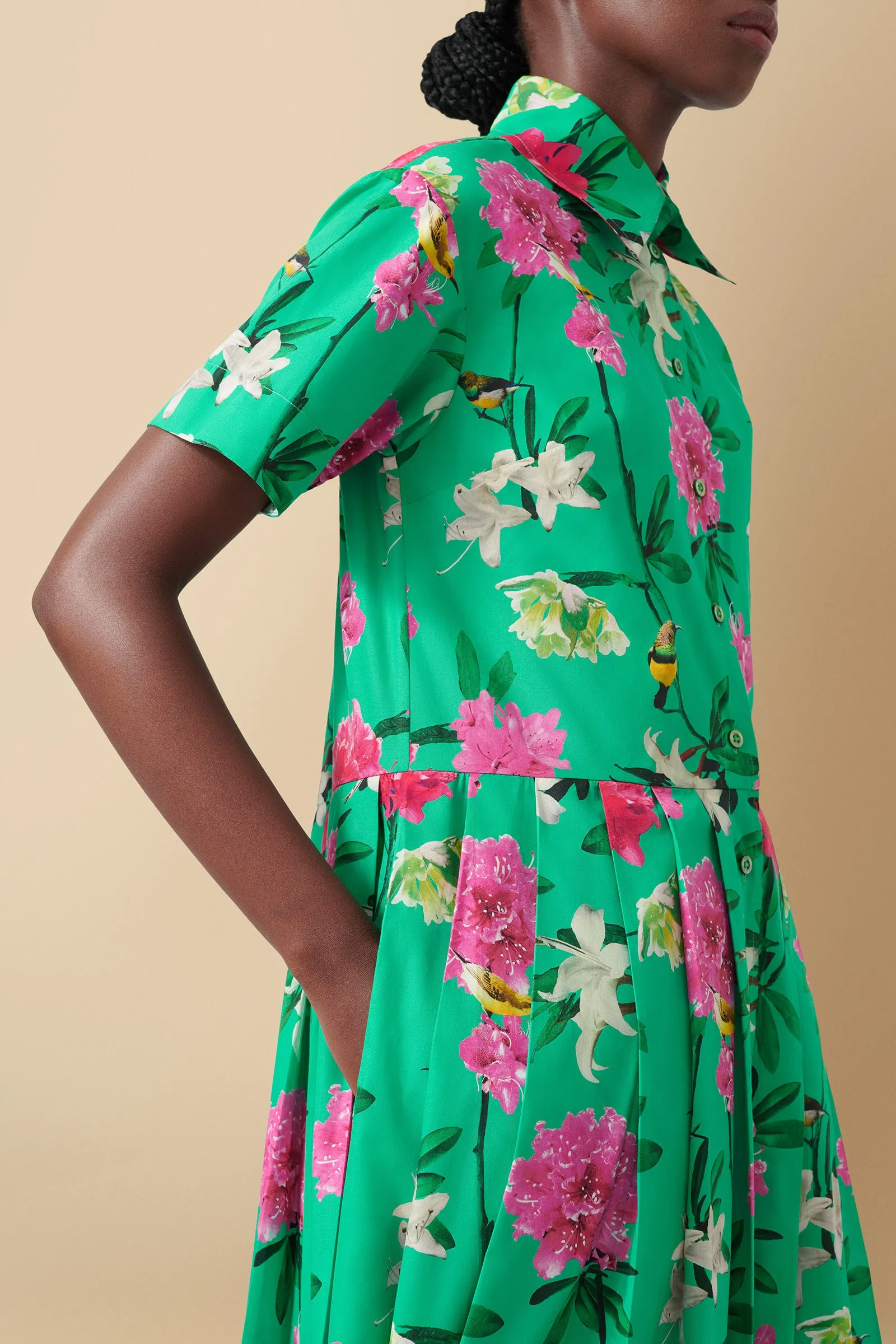 Pendo Floral Print Cotton Poplin Shirtdress in Green