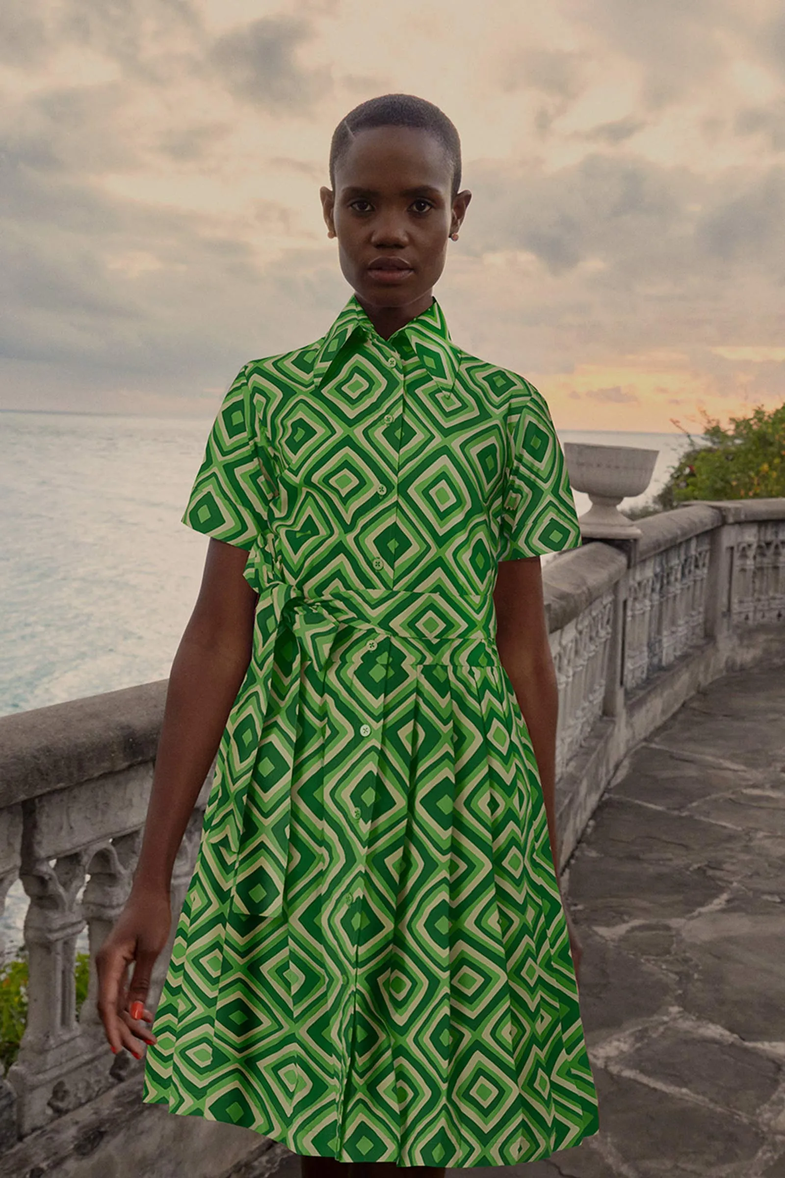 Pendo Geometric Print Cotton Poplin Shirtdress in Green