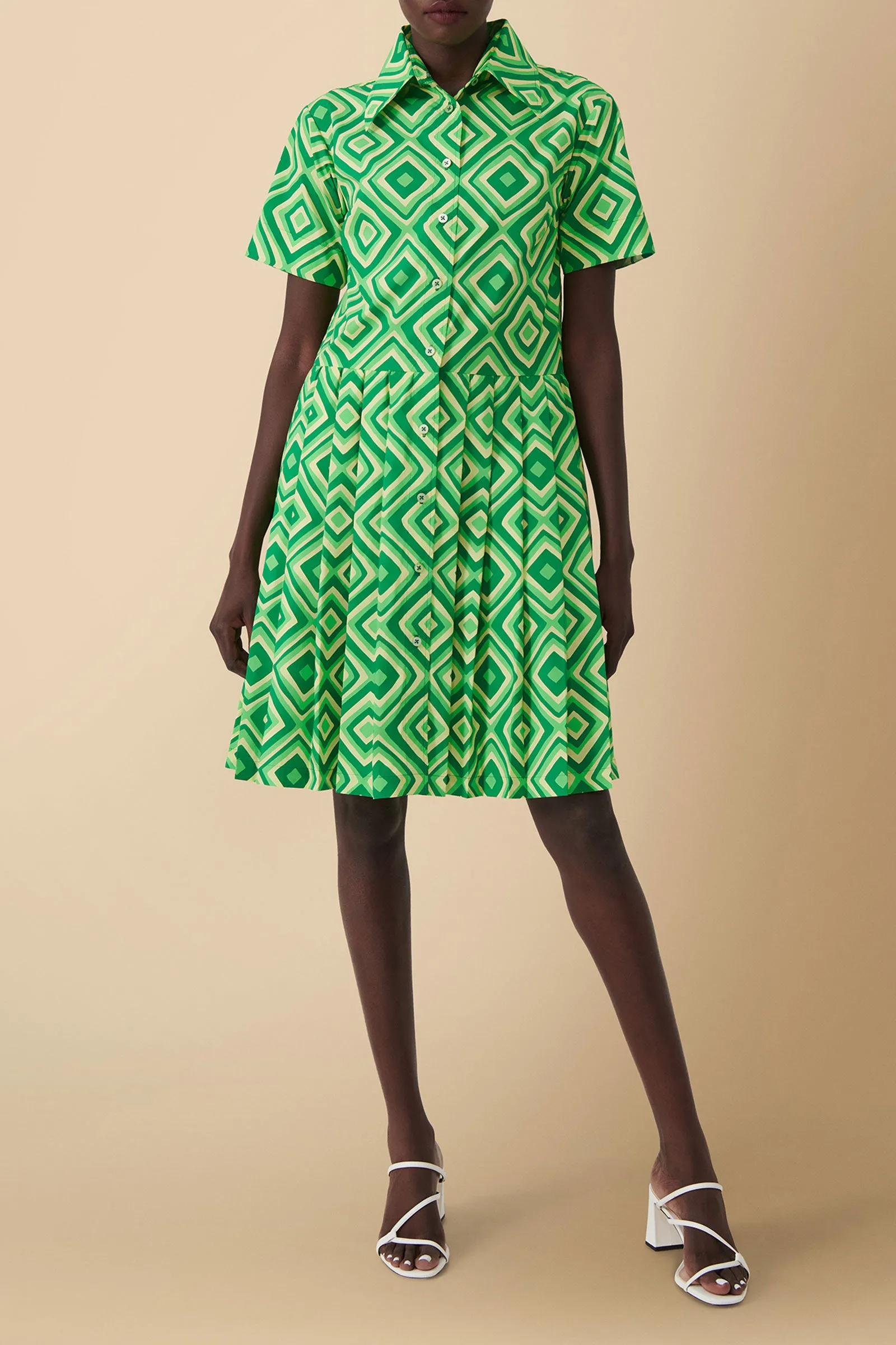 Pendo Geometric Print Cotton Poplin Shirtdress in Green