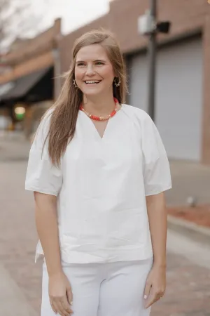 Pennie White Poplin V-Neck Blouse