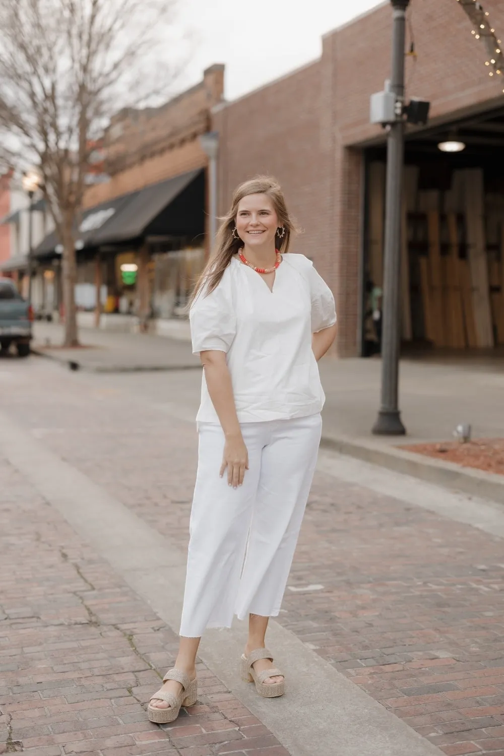 Pennie White Poplin V-Neck Blouse