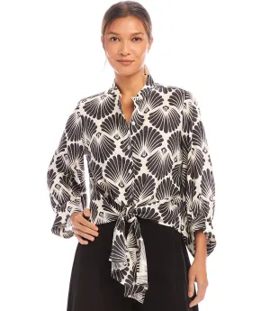 Petite Size Blouson Sleeve Linen Tie-Front Top