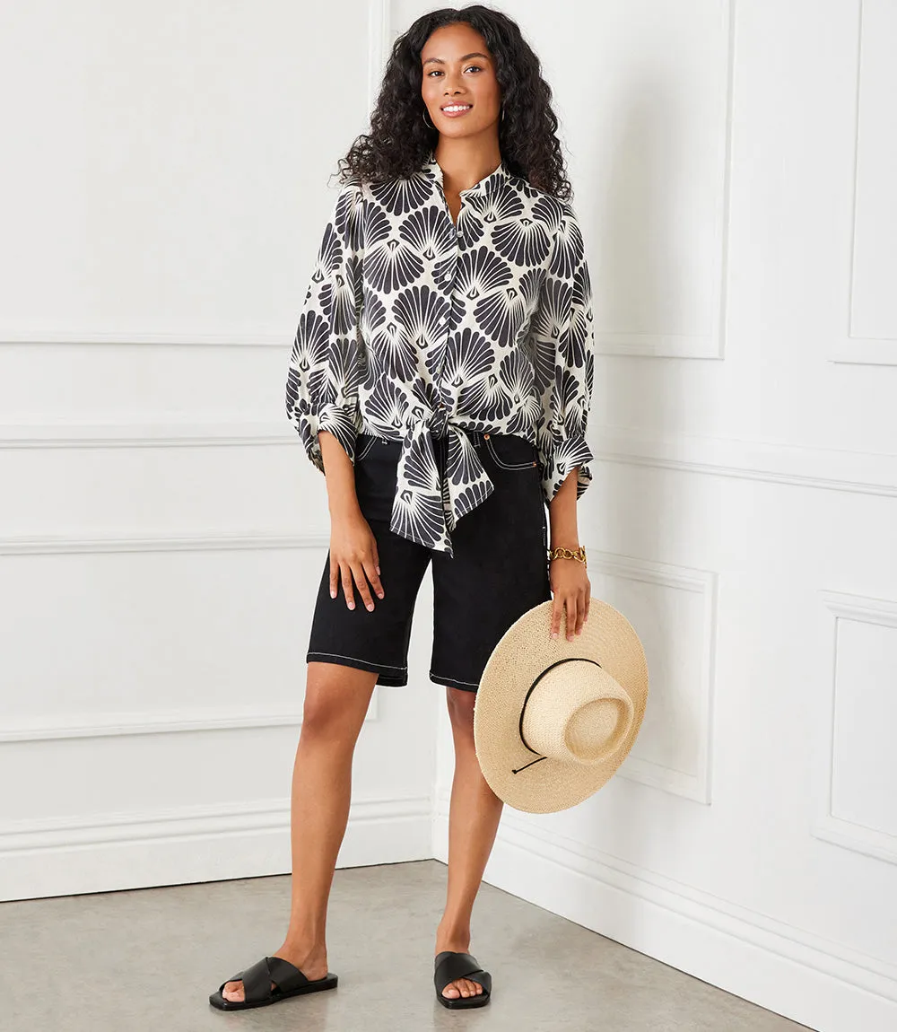 Petite Size Blouson Sleeve Linen Tie-Front Top