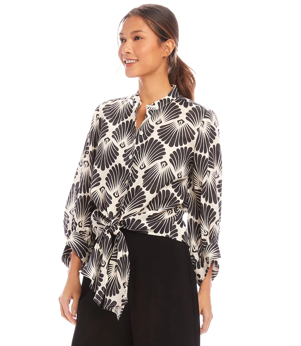 Petite Size Blouson Sleeve Linen Tie-Front Top