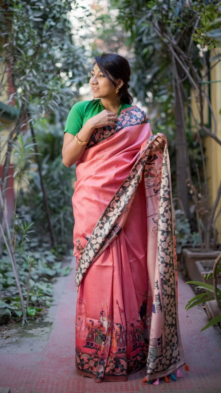 Pink Digital Print Linen Saree