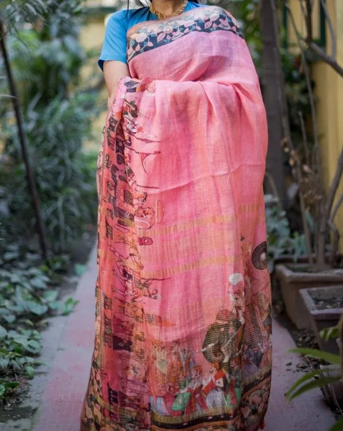Pink Digital Print Linen Saree