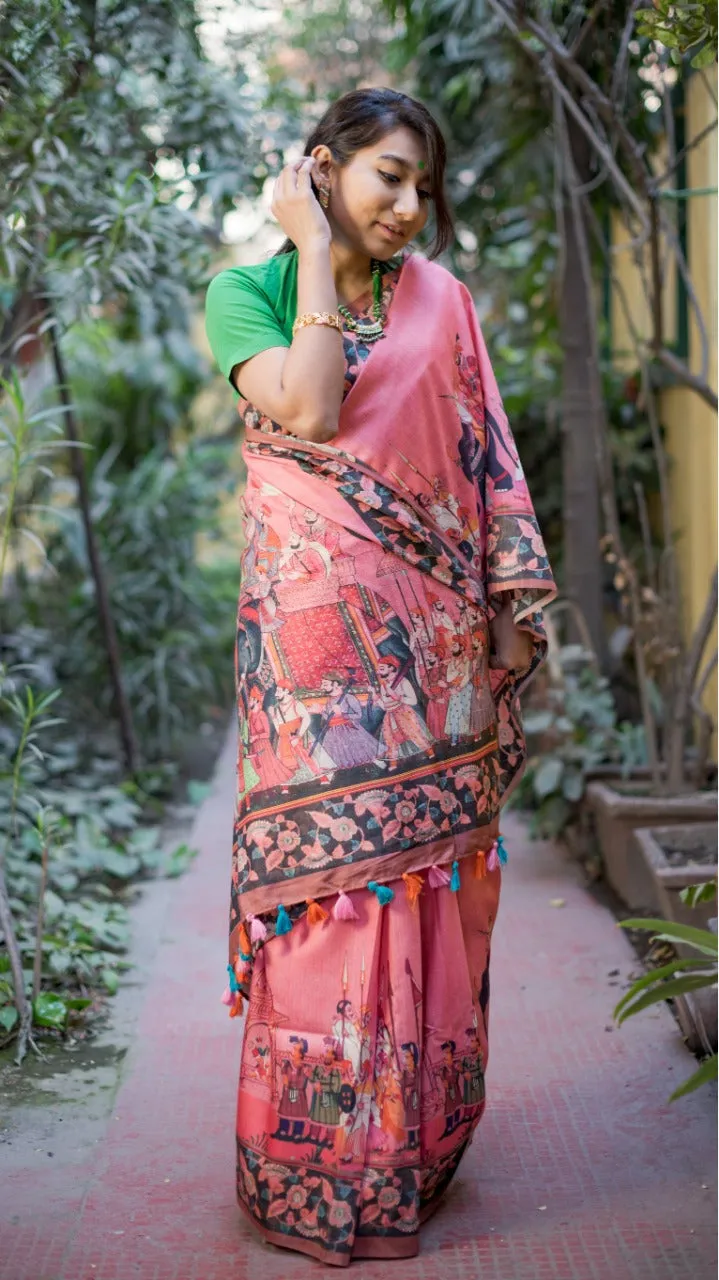 Pink Digital Print Linen Saree