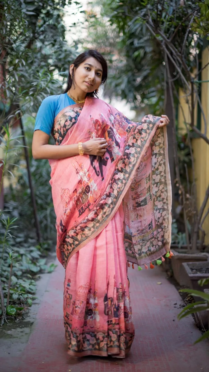 Pink Digital Print Linen Saree