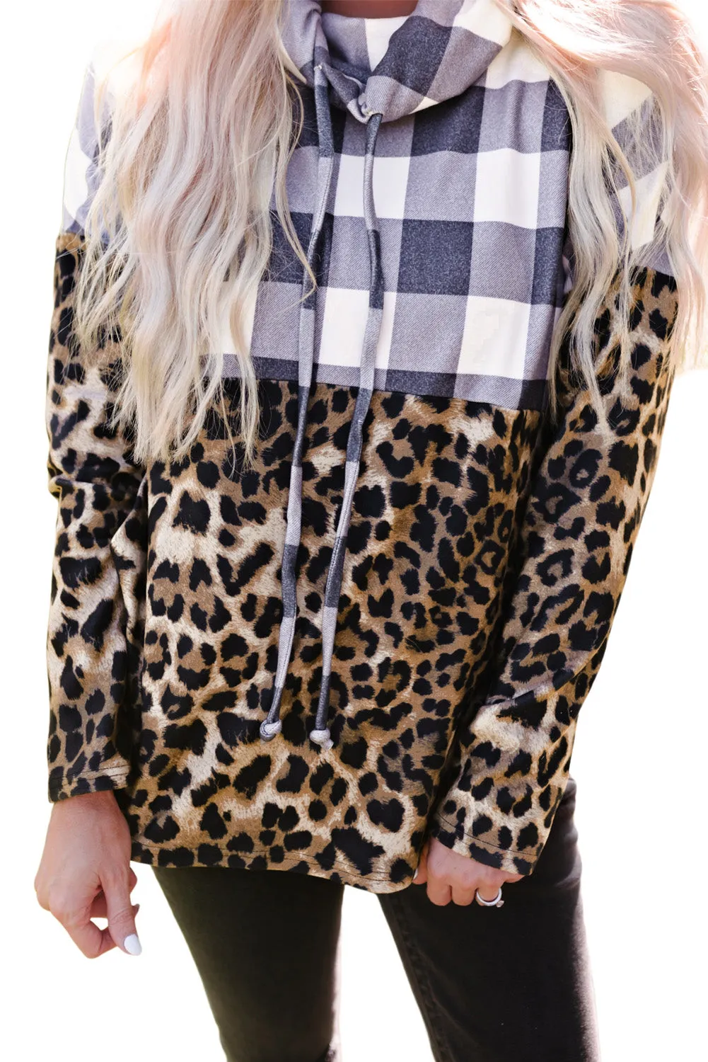 Plaid Patchwork Cowl Neck Sweatshirt