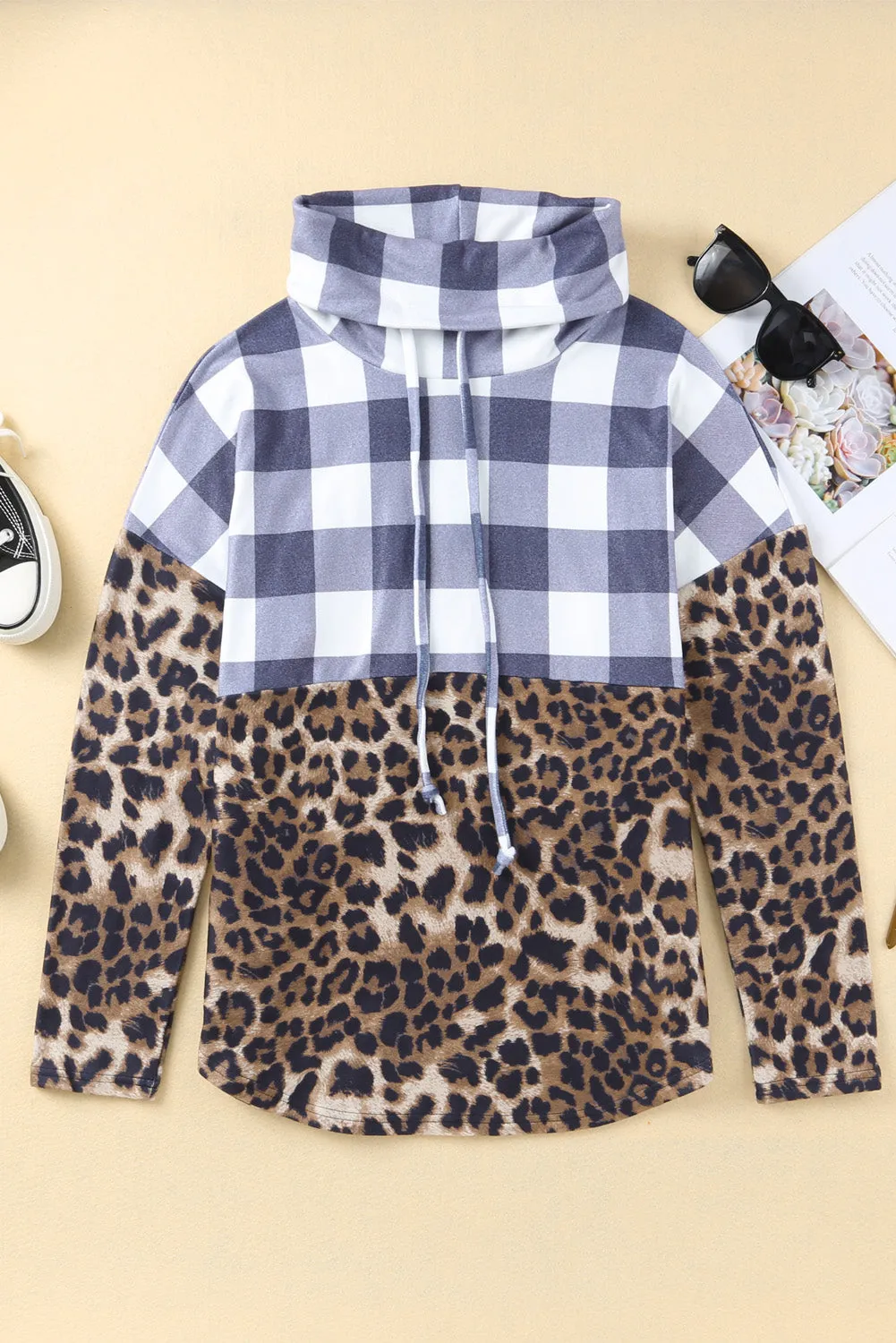 Plaid Patchwork Cowl Neck Sweatshirt