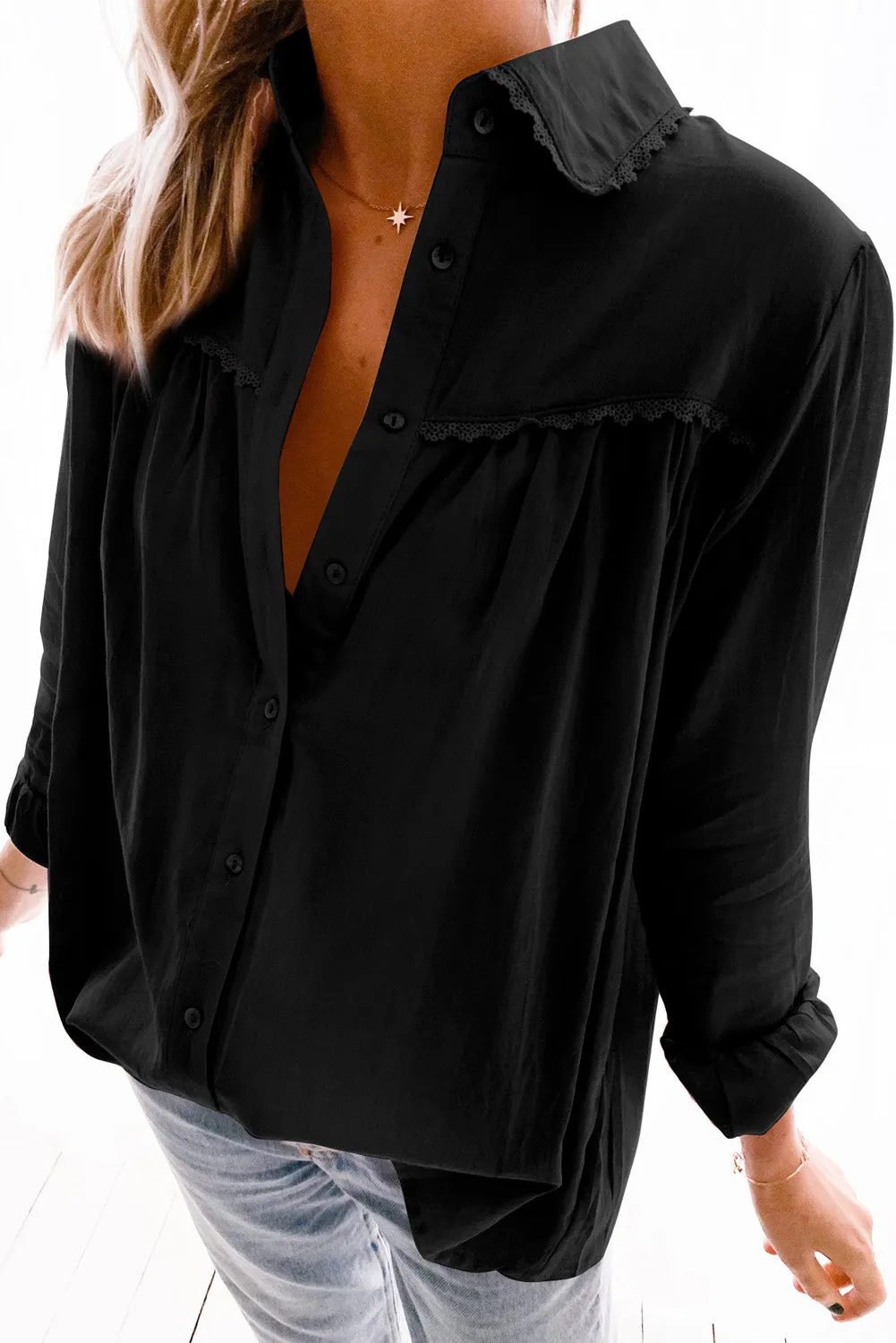 Plain Pleated Bust Cuffed Sleeves Shirt