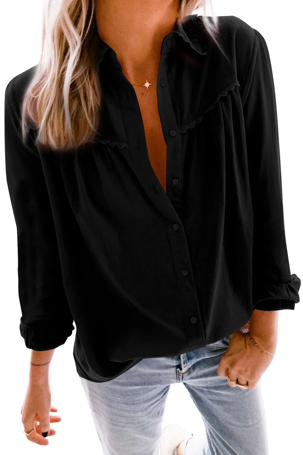 Plain Pleated Bust Cuffed Sleeves Shirt