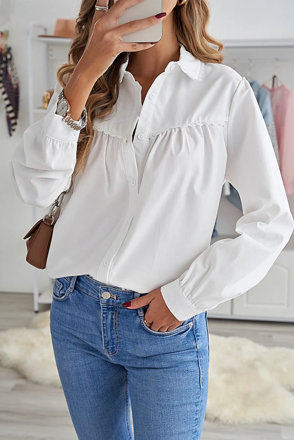 Plain Pleated Bust Cuffed Sleeves Shirt