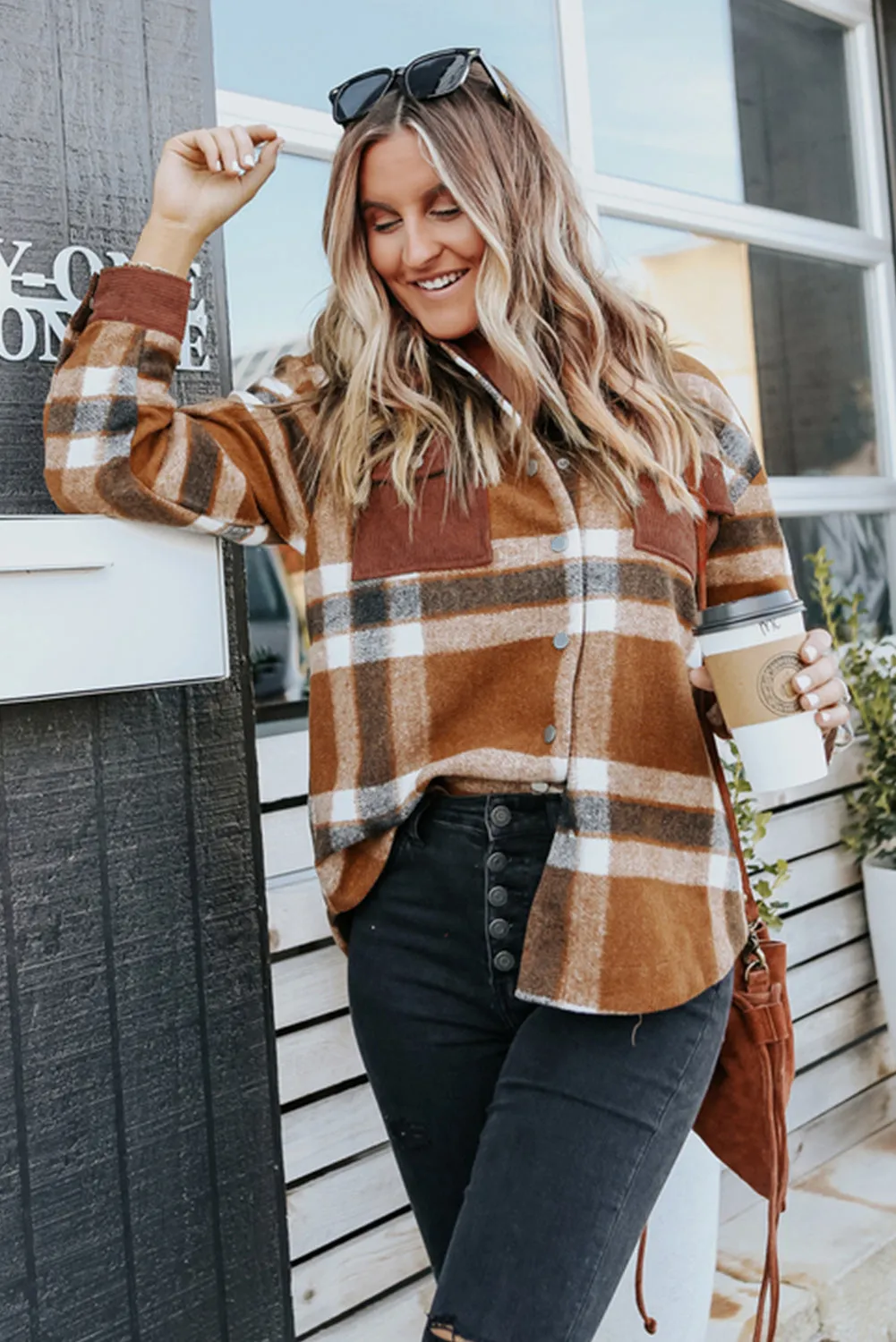 Pocketed Buttoned Plaid Shirt Jacket