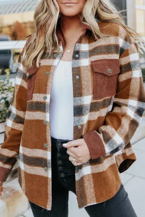 Pocketed Buttoned Plaid Shirt Jacket