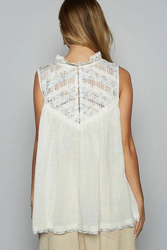 POL Lace Detail Floral Sleeveless Rayon Gauze Top
