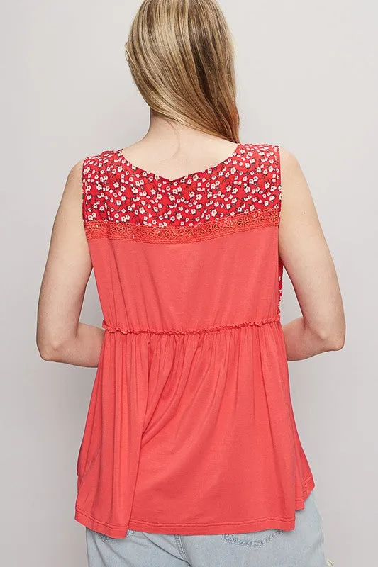 POL Lace Detail Frill Floral V-Neck Sleeveless Top