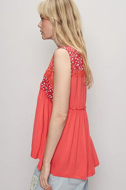 POL Lace Detail Frill Floral V-Neck Sleeveless Top