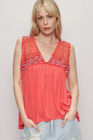 POL Lace Detail Frill Floral V-Neck Sleeveless Top
