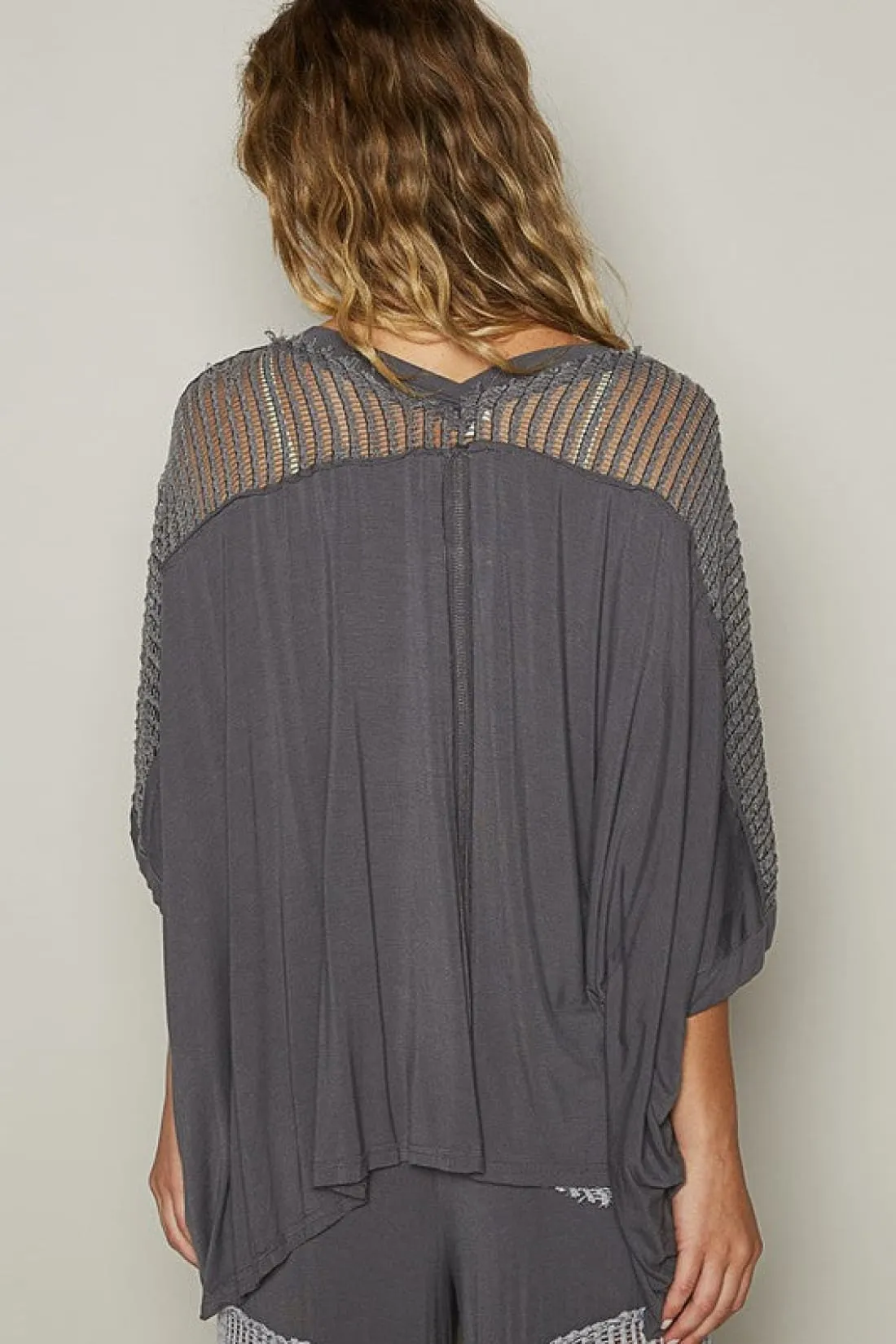 POL Oversize V-Neck Crochet Studded Top