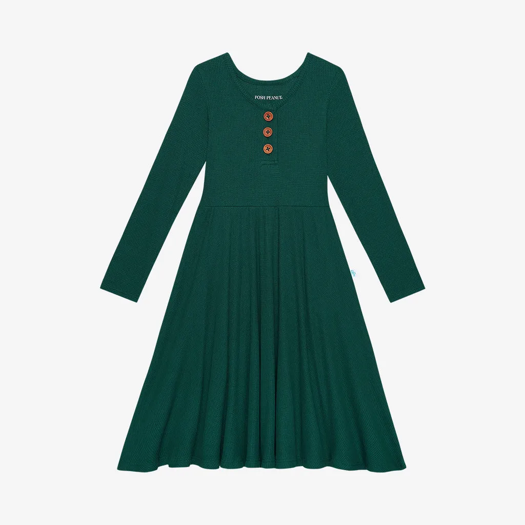 Posh Peanut Hunter Green Waffle L/S Henley Twirl Dress