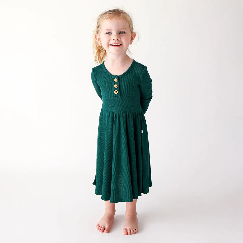 Posh Peanut Hunter Green Waffle L/S Henley Twirl Dress
