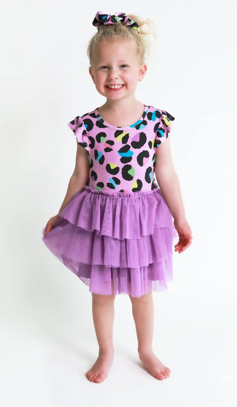 Posh Peanut Ruffled Cap Sleeve Girls Tulle Dress in Electric Leopard