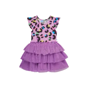Posh Peanut Ruffled Cap Sleeve Girls Tulle Dress in Electric Leopard